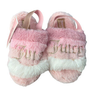 Juicy Couture Girl’s Slippers Size 11/12 Pink Striped Faux Fur Fuzzy Logo NWT